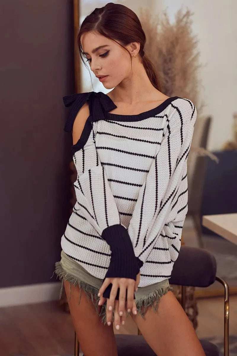 BiBi Stripe Yarn Dye Waffle One Shoulder Ribbon Detail Top - Trendsi - Flyclothing LLC
