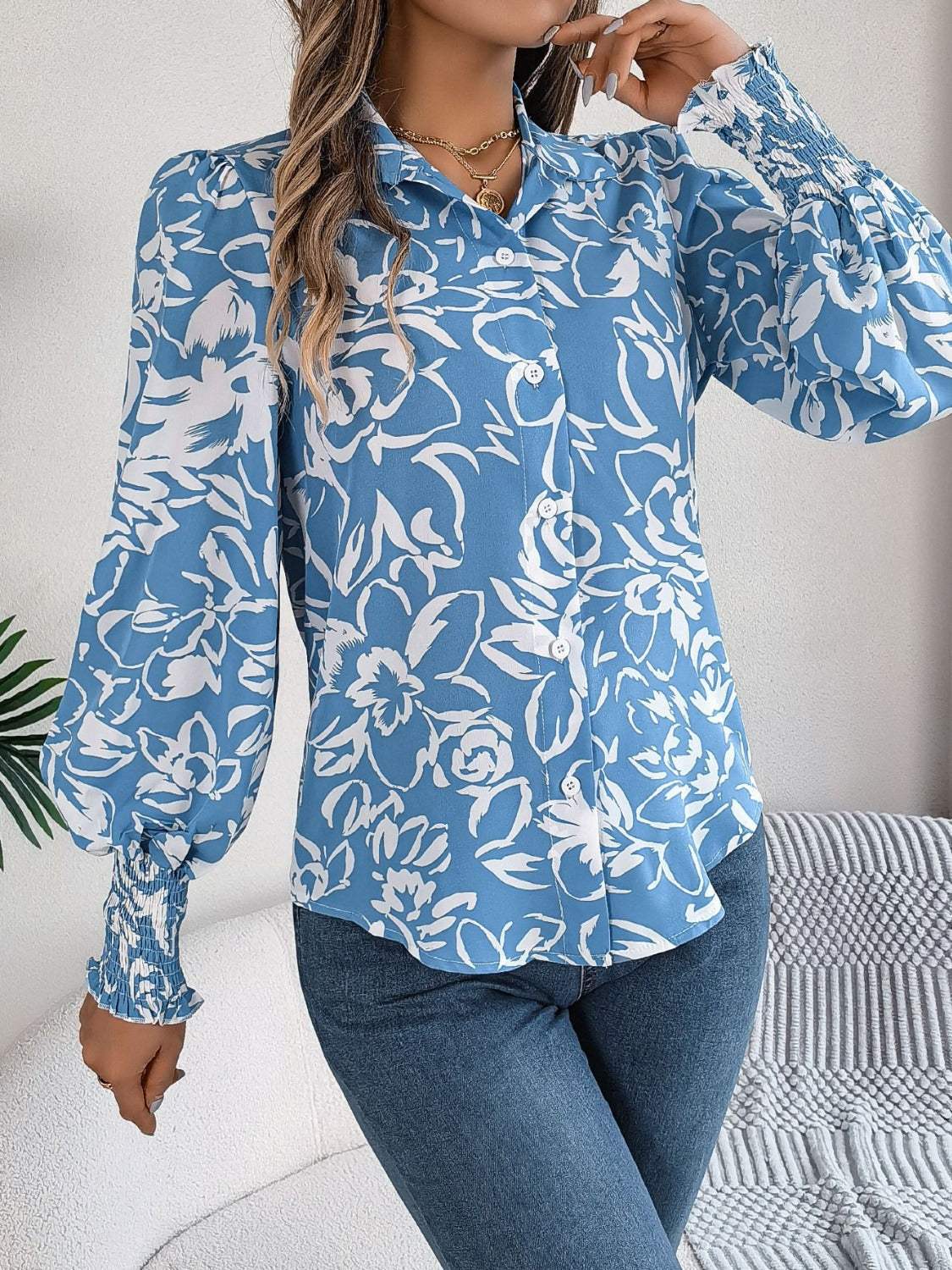 Printed Collared Neck Lantern Sleeve Shirt - Trendsi - Flyclothing LLC