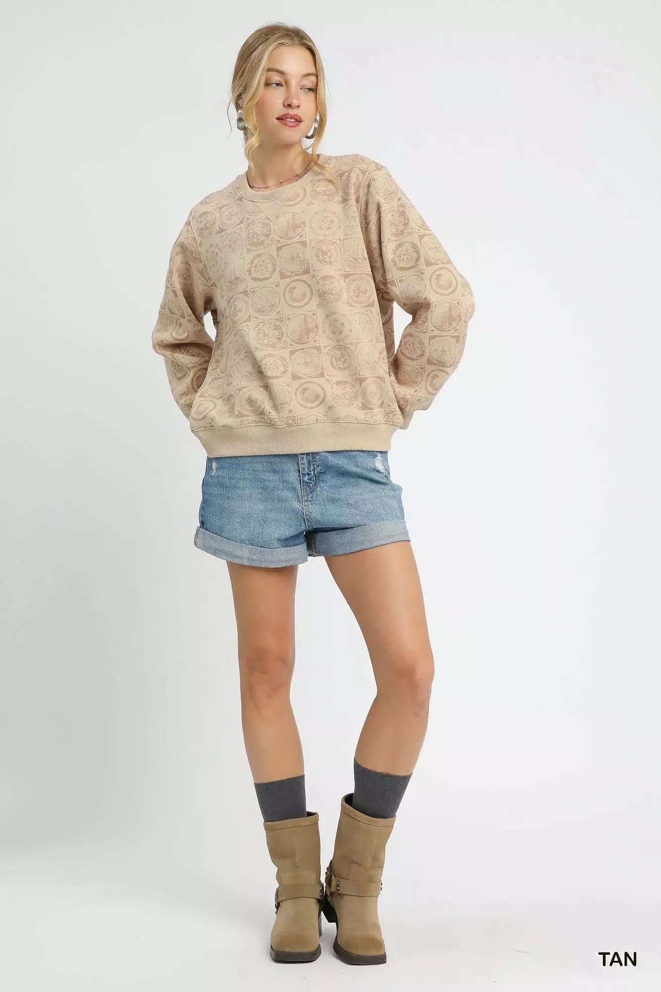 Umgee Coin Stamp Print Sweatshirt - Trendsi - Flyclothing LLC