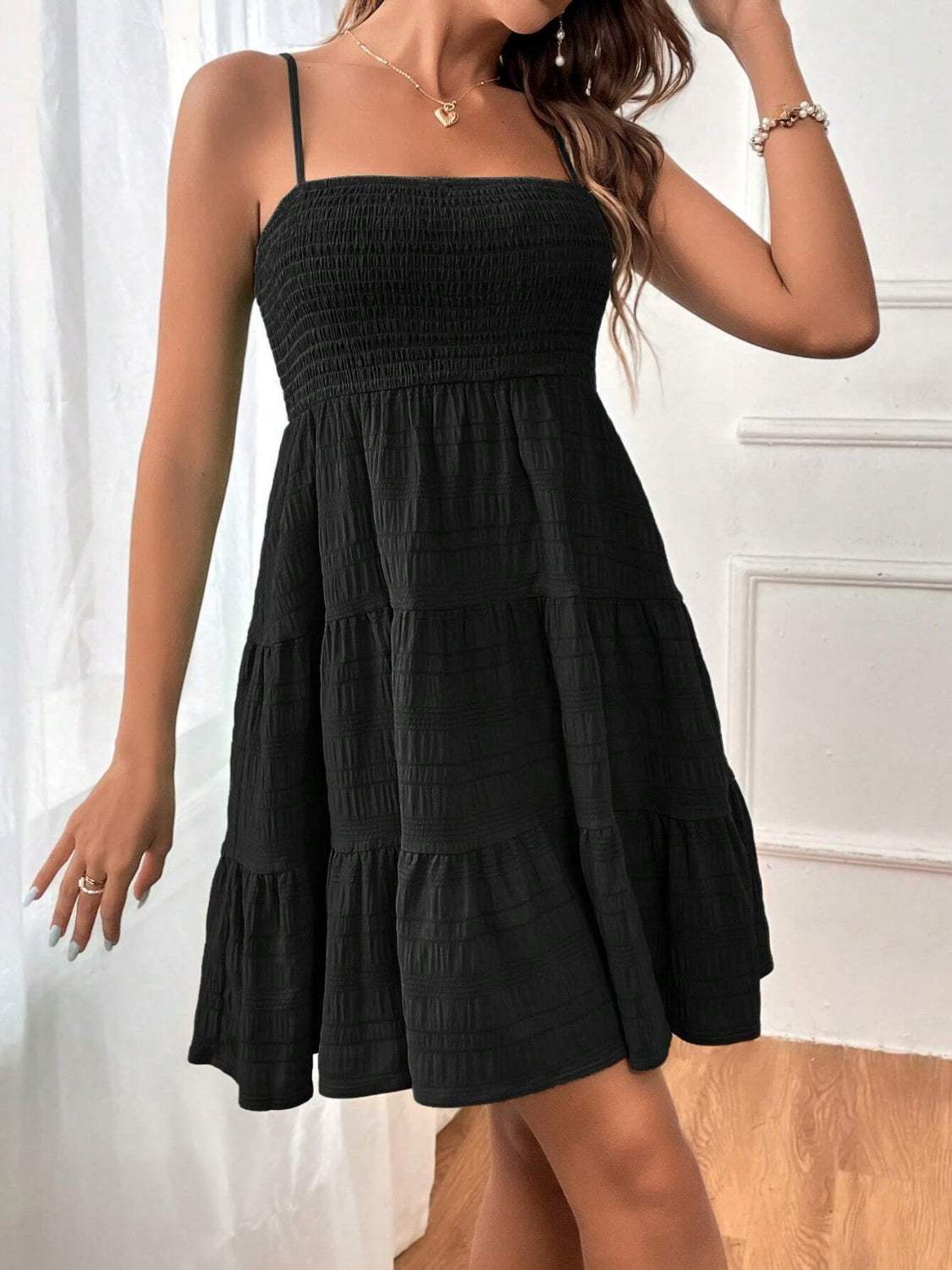 Smocked Tiered Sleeveless Mini Dress - Trendsi - Flyclothing LLC
