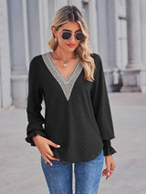 V-Neck Eyelet Flounce Sleeve Blouse - Trendsi - Flyclothing LLC