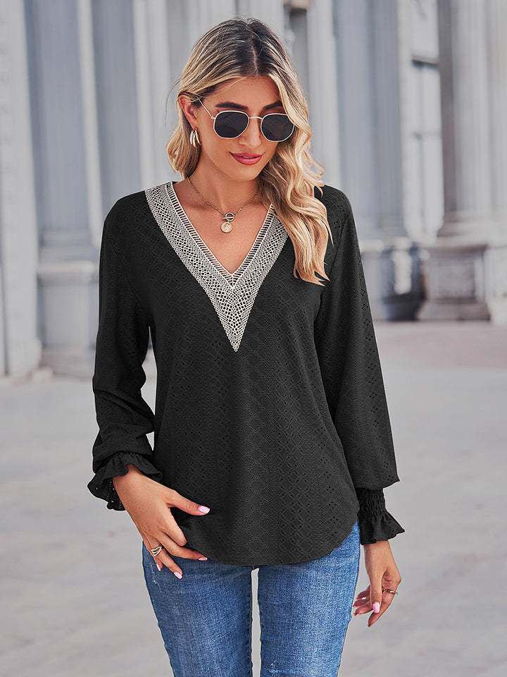 V-Neck Eyelet Flounce Sleeve Blouse - Trendsi - Flyclothing LLC