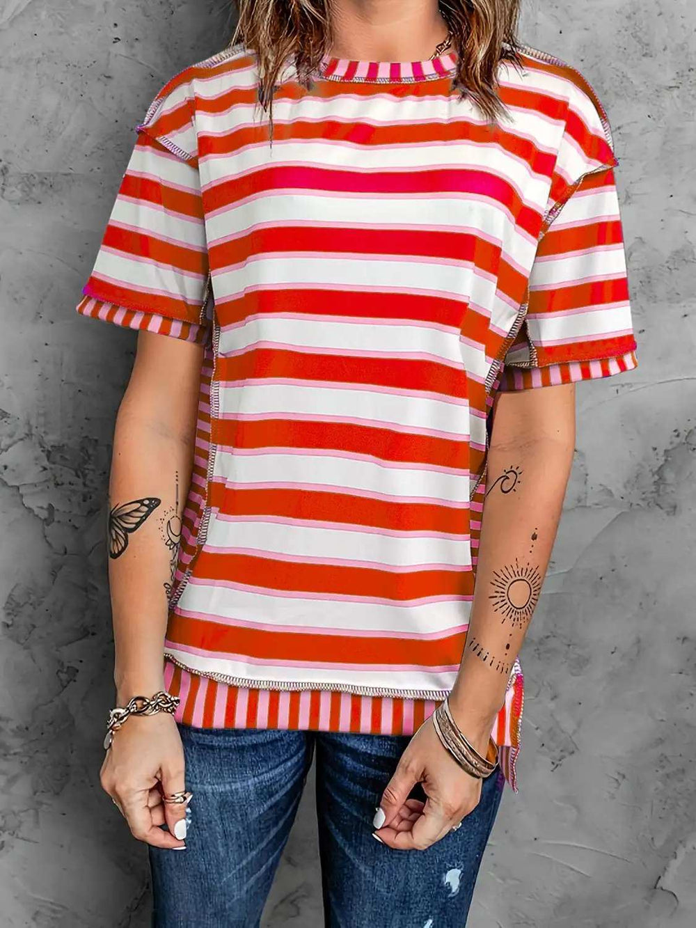 Full Size Contrast Stitching Striped Round Neck T-Shirt - Trendsi - Flyclothing LLC
