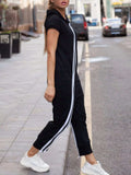 Striped Short Sleeve Hooded Jumpsuit - Trendsi - Flyclothing LLC