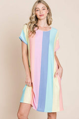 BOMBOM Striped Short Sleeve Dress with Pockets - Trendsi - Flyclothing LLC