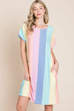 BOMBOM Striped Short Sleeve Dress with Pockets - Trendsi