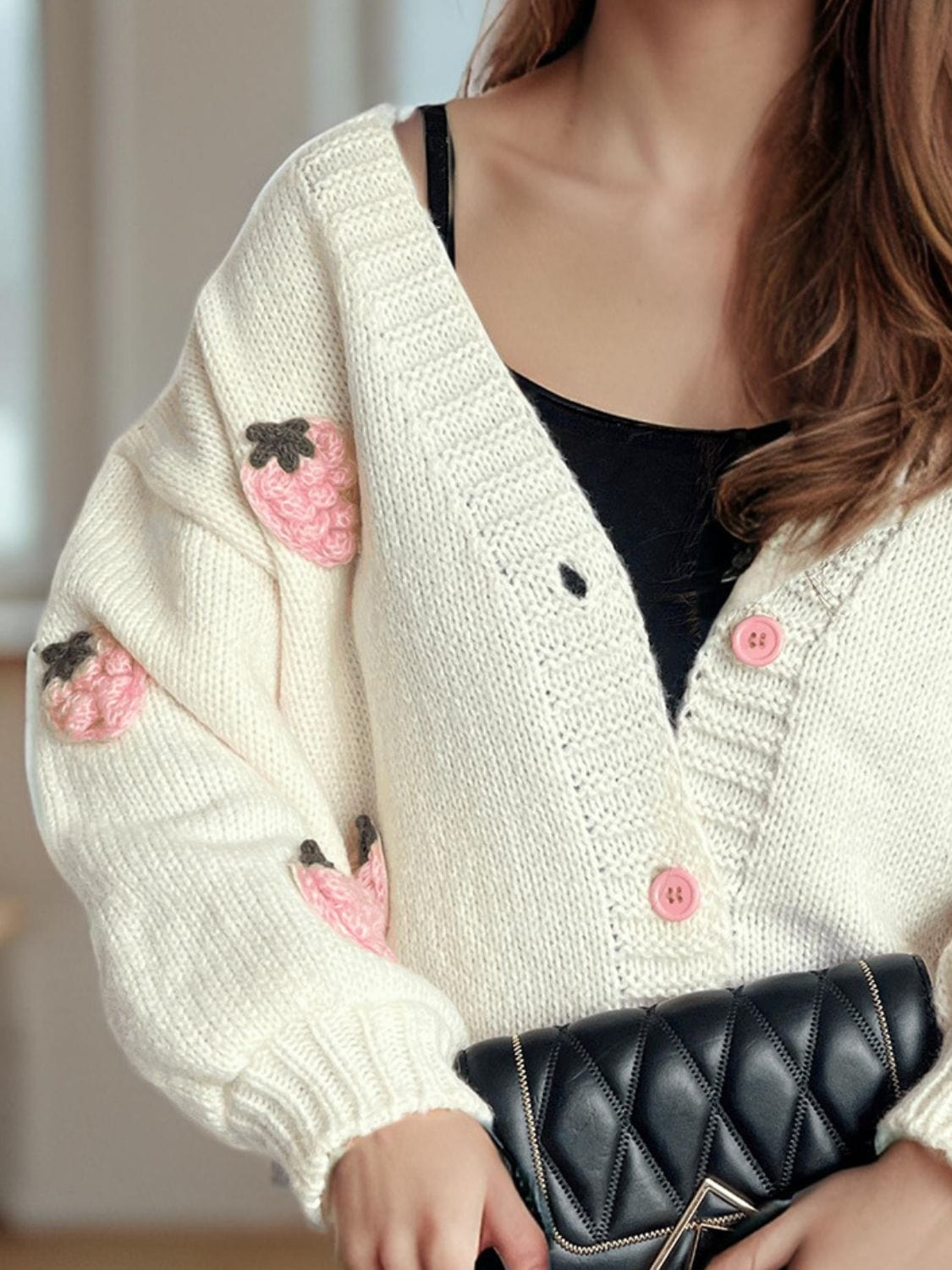 Crochet Strawberry V-Neck Long Sleeve Cardigan - Trendsi