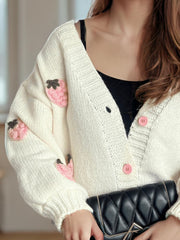 Crochet Strawberry V-Neck Long Sleeve Cardigan - Trendsi