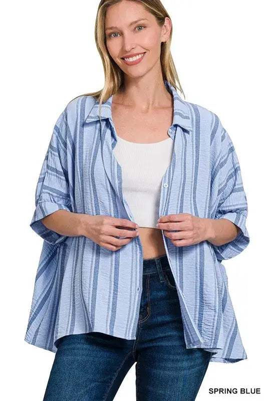 Zenana Woven Yarn-Dye Stripe Oversized Button Down Shirt - Trendsi - Flyclothing LLC