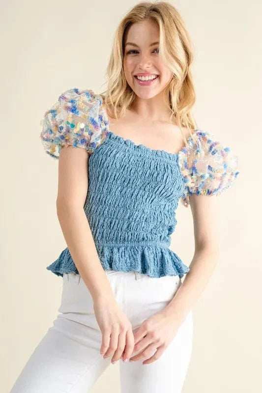 And The Why Embellishment Sleeve Smocked Top - Trendsi - Flyclothing LLC