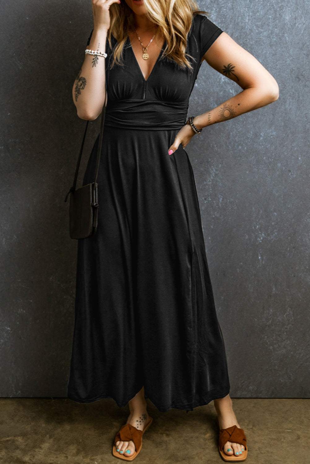 Smocked V-Neck Short Sleeve Dress - Trendsi - Flyclothing LLC