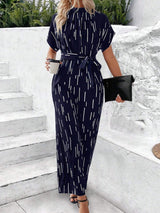Tied Printed Mock Neck Wide Leg Jumpsuit - Trendsi - Flyclothing LLC