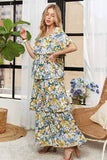 ADORA Layered Floral Off-Shoulder Short Sleeve Maxi Dress - Trendsi