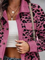 Full Size Leopard Collared Neck Button Up Long Sleeve Jacket - Trendsi