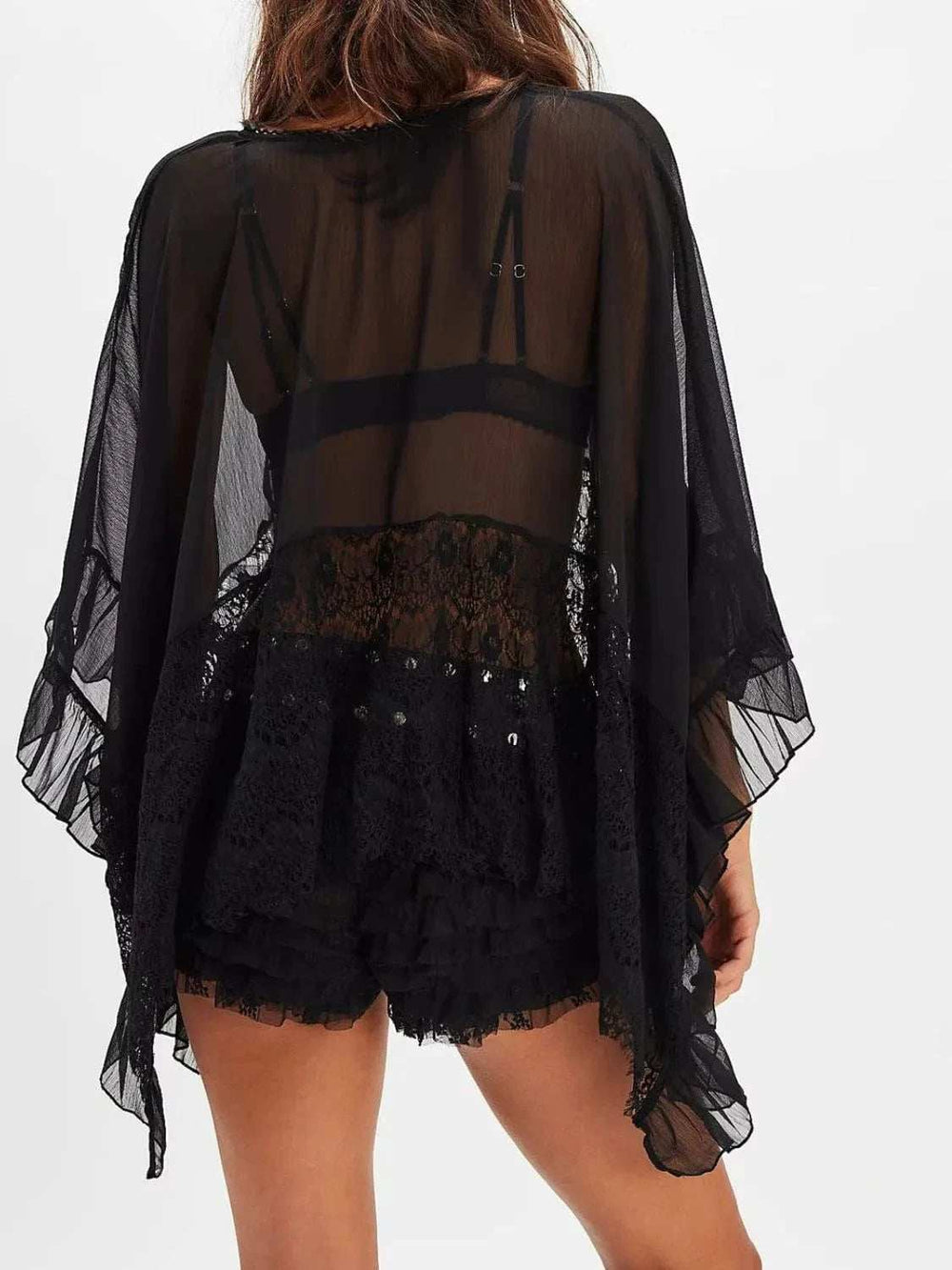 Lace V-Neck Ruffle Long Sleeve Cover-Up - Trendsi - Flyclothing LLC
