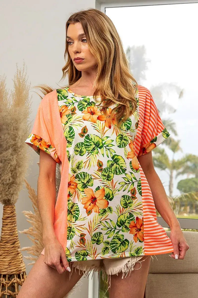 BiBi Floral W Stripe Color Block Dolman Sleeves Top - Trendsi - Flyclothing LLC