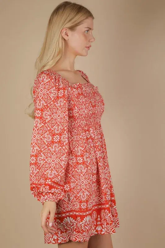 VERY J Printed Smocked Chest Boho Mini Dress - Trendsi - Flyclothing LLC
