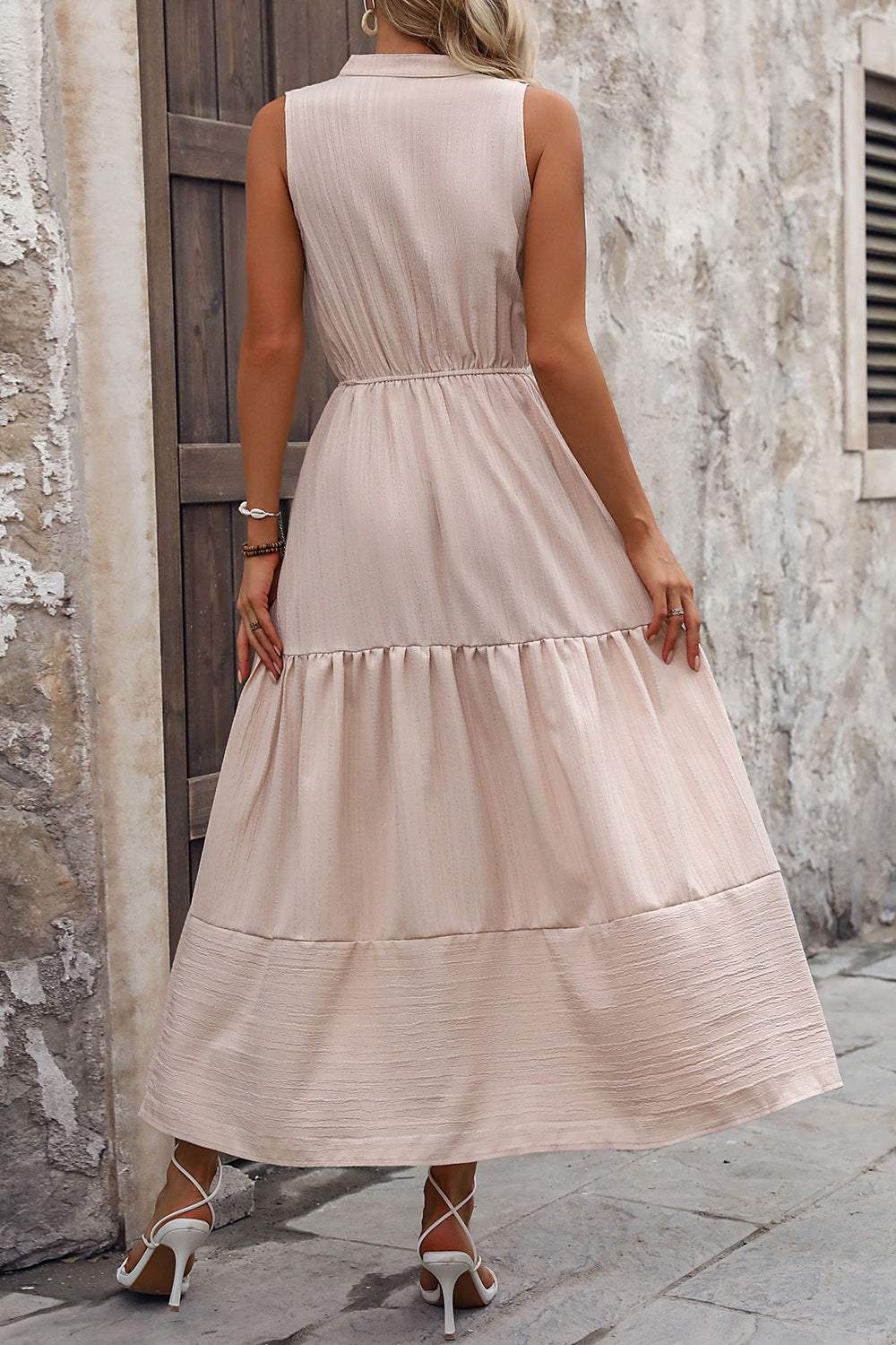 Decorative Button Notched Tiered Dress - Trendsi - Flyclothing LLC