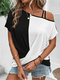 Contrast Asymmetrical Neck Short Sleeve T-Shirt - Trendsi - Flyclothing LLC