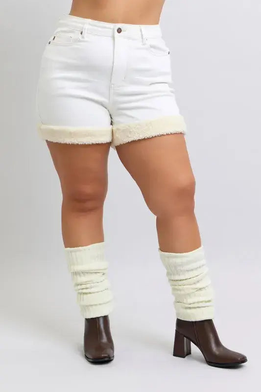 Judy Blue Full Size High Waist Shearling Cuff Denim Shorts Plus Size - Trendsi - Flyclothing LLC