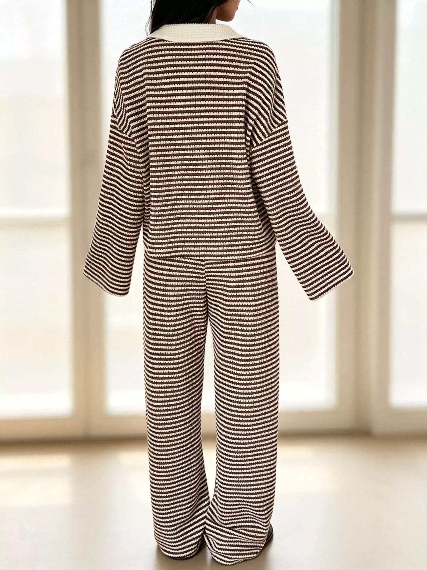 Striped Long Sleeve Polo and Wide-Leg Pants Set - Trendsi - Flyclothing LLC