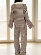 Striped Long Sleeve Polo and Wide-Leg Pants Set - Trendsi - Flyclothing LLC