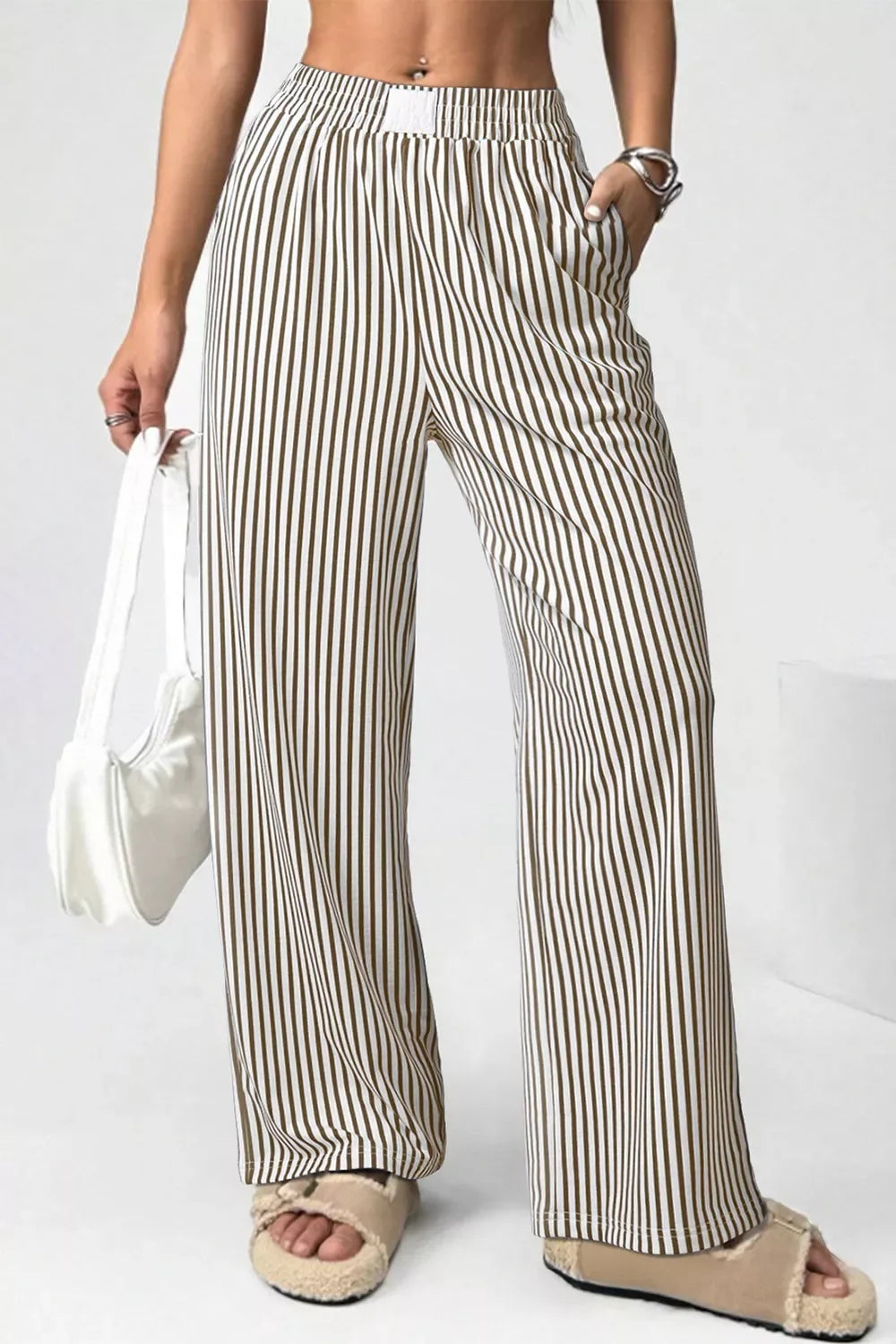 Stripe Elastic High Waist Pocketed Loose Pants - Trendsi - Flyclothing LLC