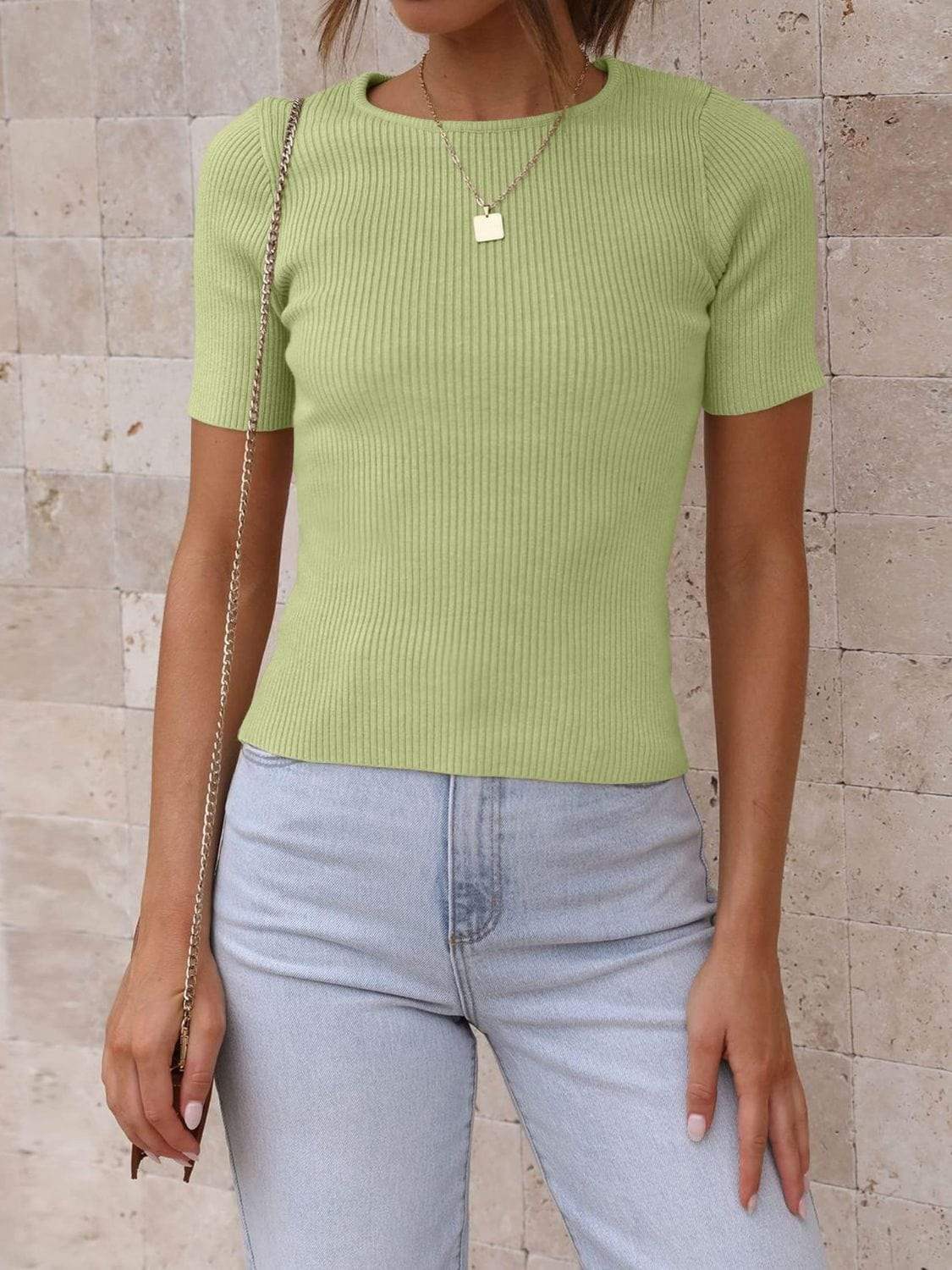 Mandy Ribbed Round Neck Short Sleeve Knit Top - Trendsi - Flyclothing LLC