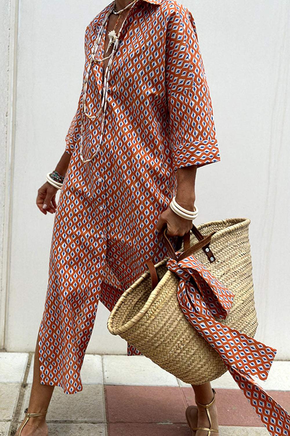 Tied Button Up Three-Quarter Sleeve Dress - Trendsi - Flyclothing LLC