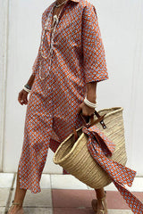 Tied Button Up Three-Quarter Sleeve Dress - Trendsi - Flyclothing LLC