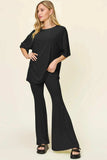 Double Take Full Size Round Neck Drop Shoulder T-Shirt and Flare Pants Set - Trendsi - Flyclothing LLC