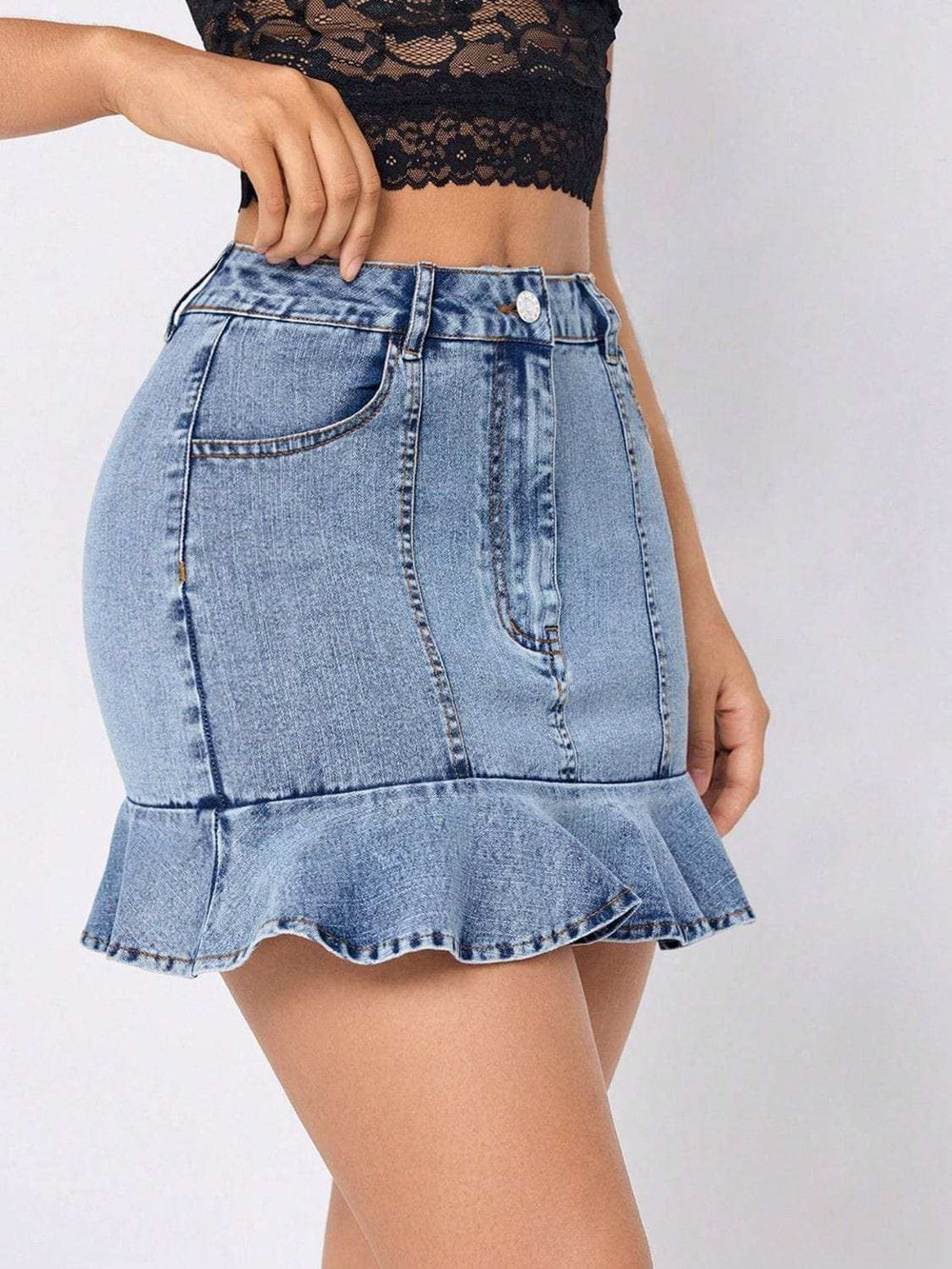 Ruffled Hem Denim Mini Skirt - Trendsi - Flyclothing LLC