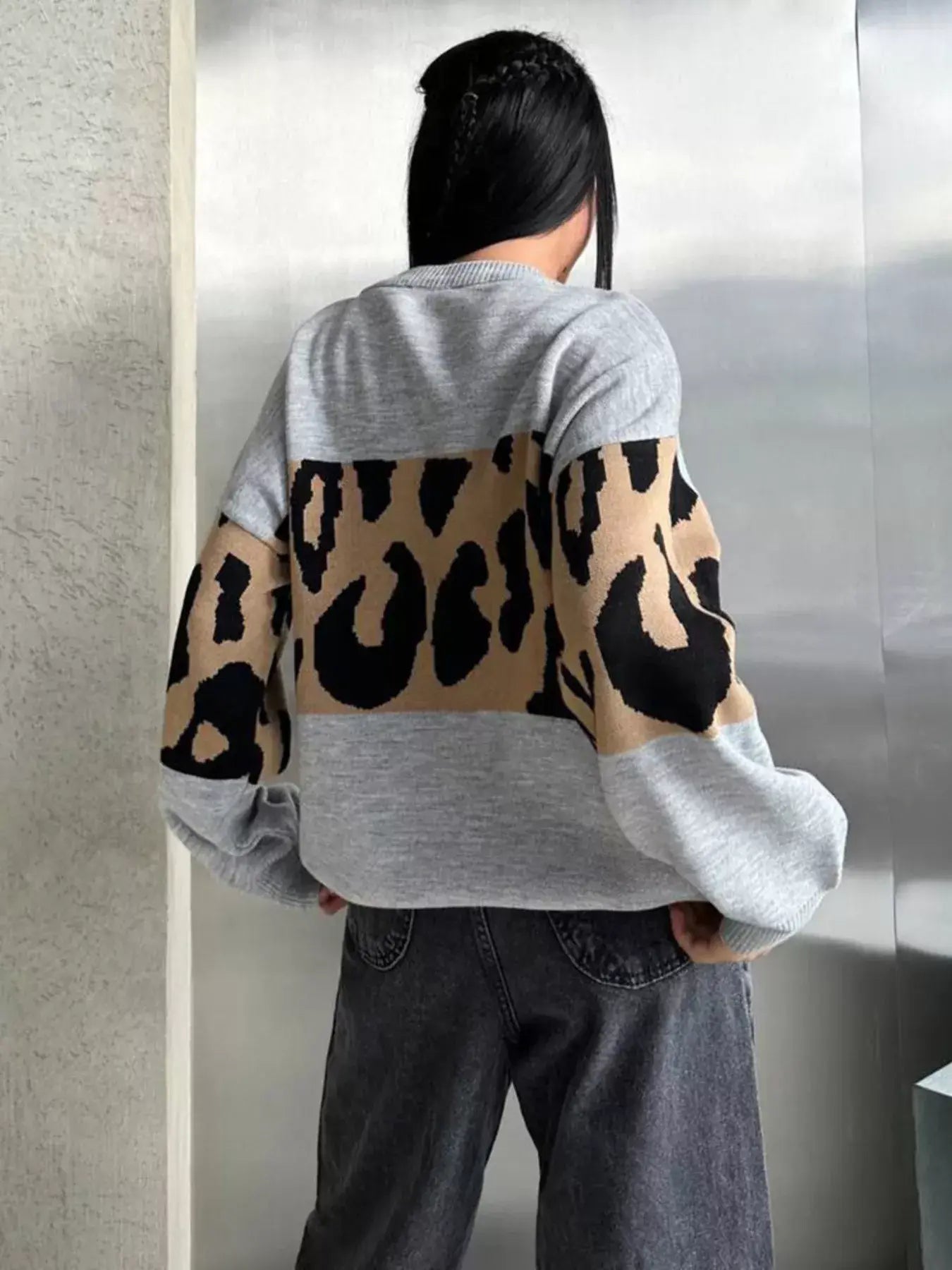 Leopard Color Block Round Neck Sweater - Trendsi - Flyclothing LLC