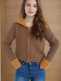Zip Up Collared Neck Long Sleeve Cardigan - Trendsi