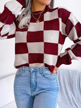 Checkered Mock Neck Long Sleeve Sweater - Trendsi - Flyclothing LLC