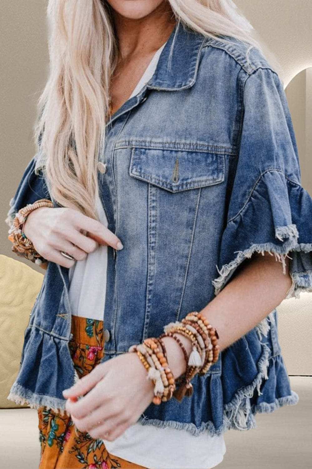 Ruffled Raw Hem Half Sleeve Denim Top - Trendsi - Flyclothing LLC
