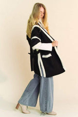 Davi & Dani Fuzzy Trim Open Front Loose Fit Cardigan - Trendsi - Flyclothing LLC