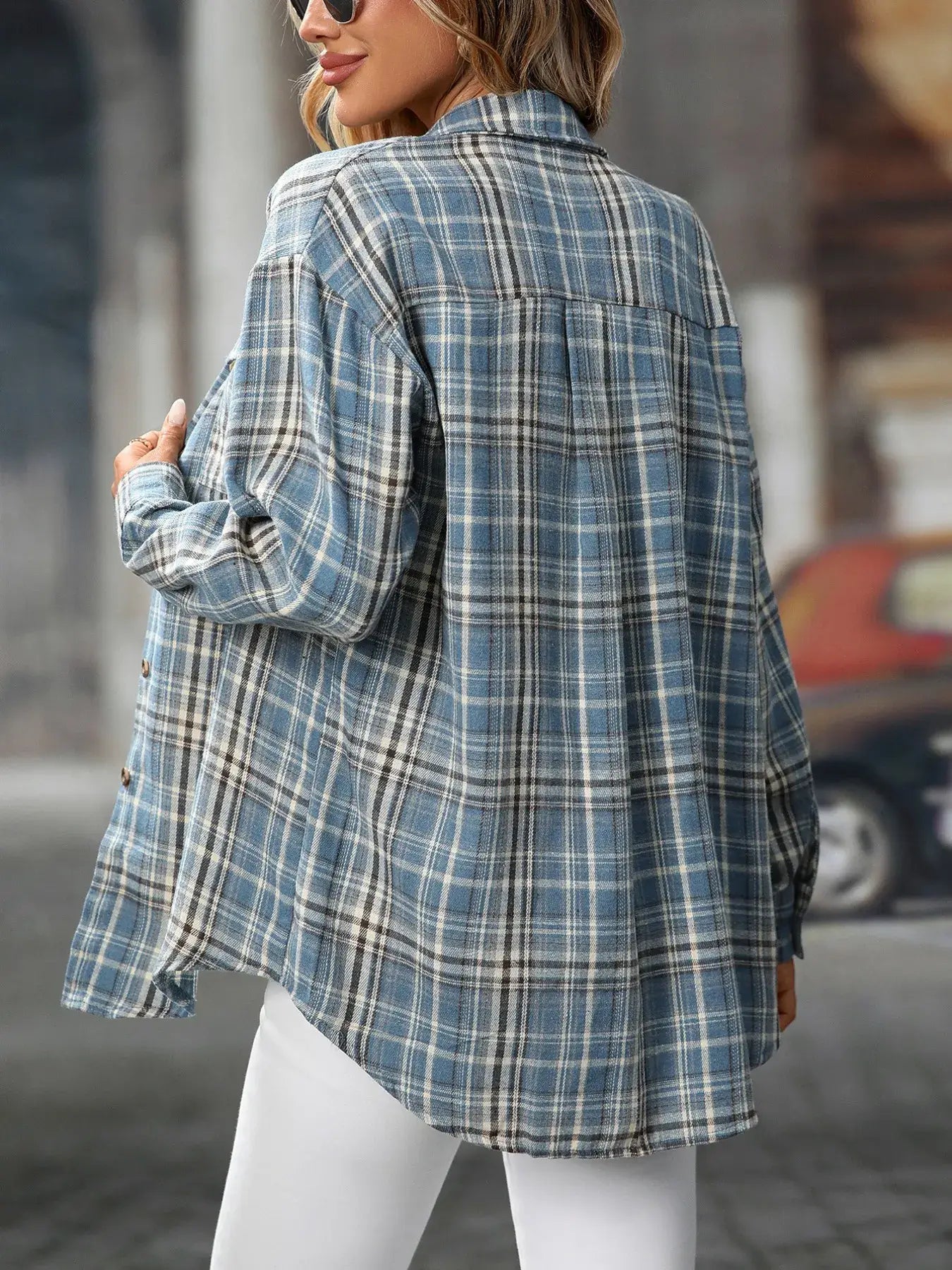 Oversized Plaid Button-Up Shirt - Trendsi - Flyclothing LLC