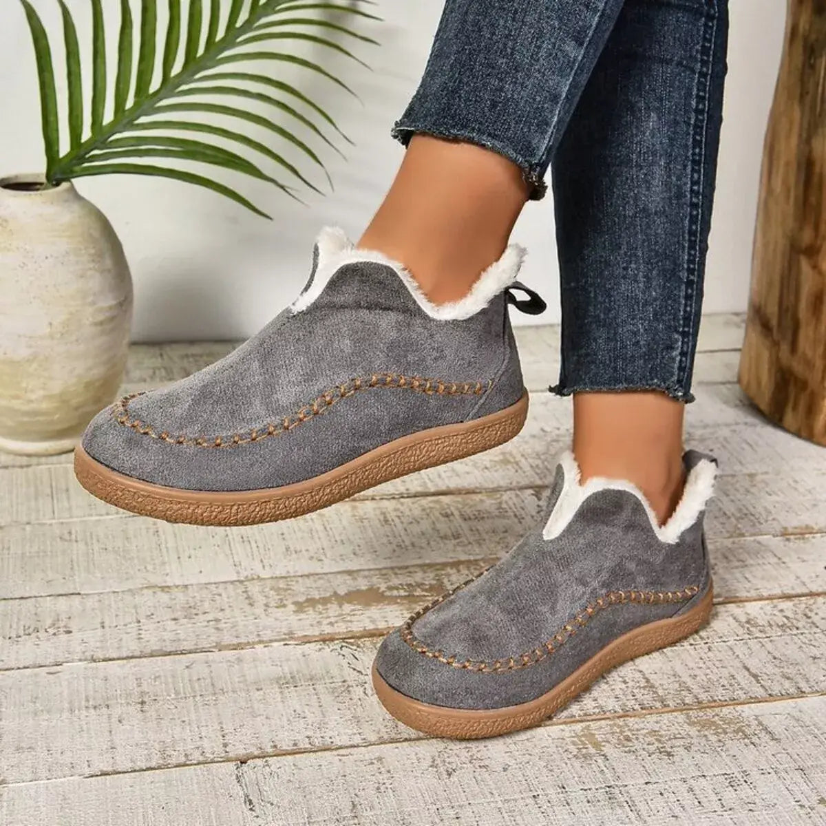 Round Toe Sherpa-Lined Slip-Ons - Trendsi - Flyclothing LLC