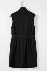 French Terry Zipped Collar Sleeveless Drawstring Waist Mini Dress - Trendsi - Flyclothing LLC
