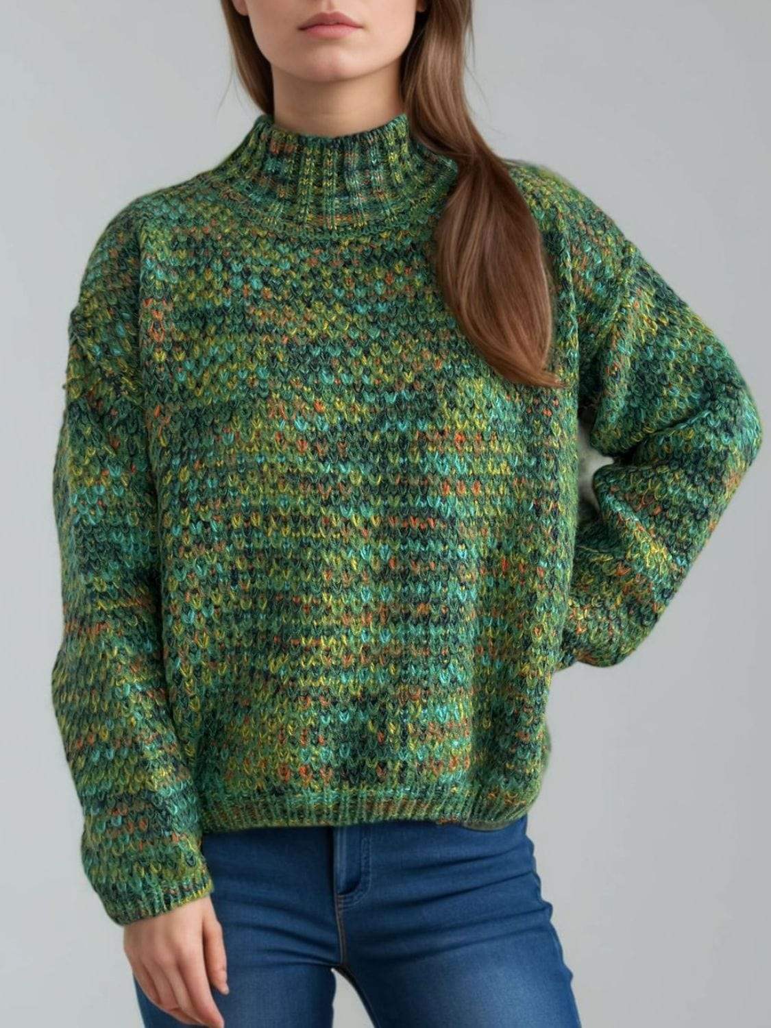 Heathered Turtleneck Dropped Shoulder Sweater - Trendsi - Flyclothing LLC
