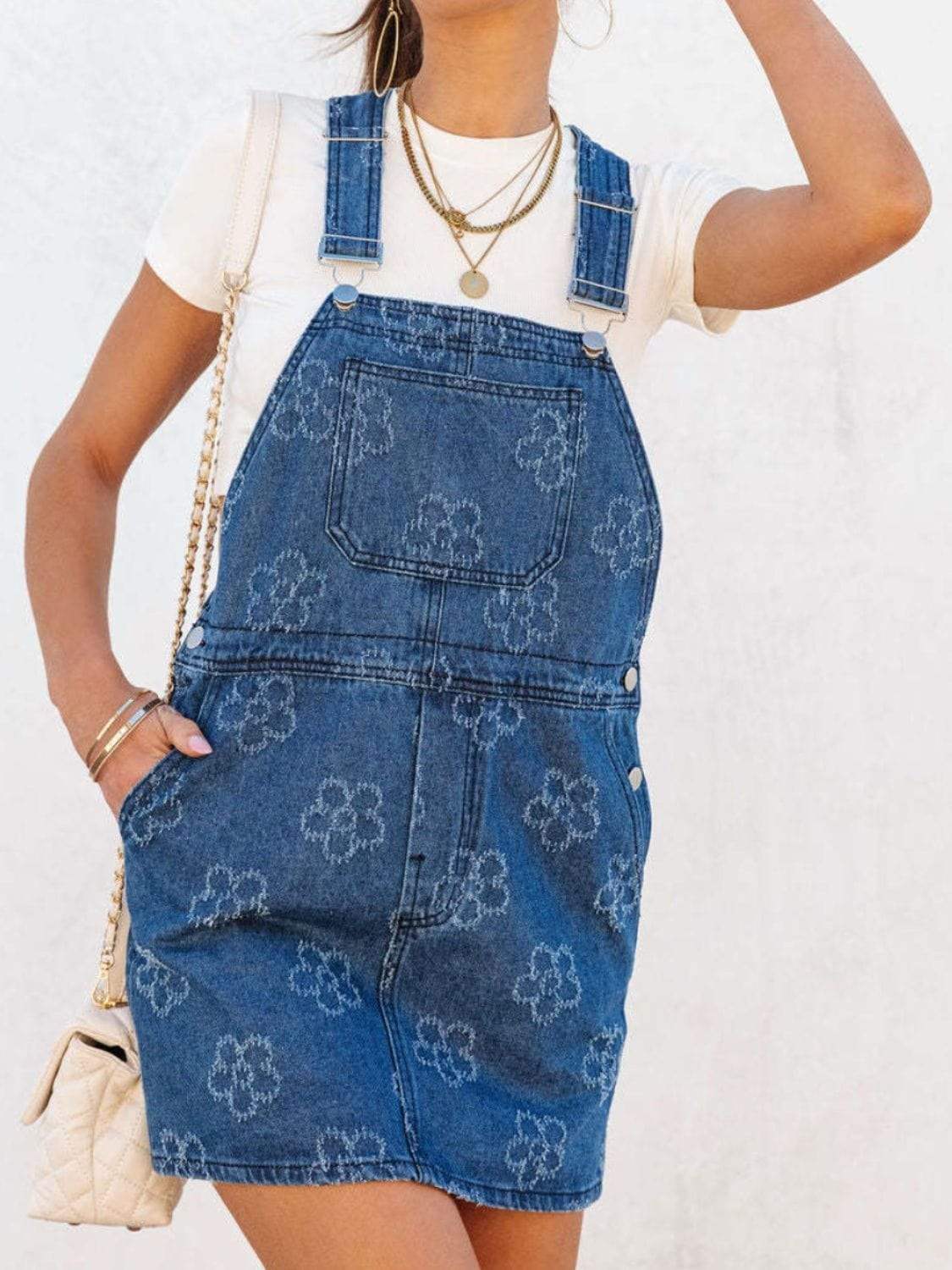 Flower Wide Strap Denim Overall Dress with Pockets - Trendsi - Flyclothing LLC