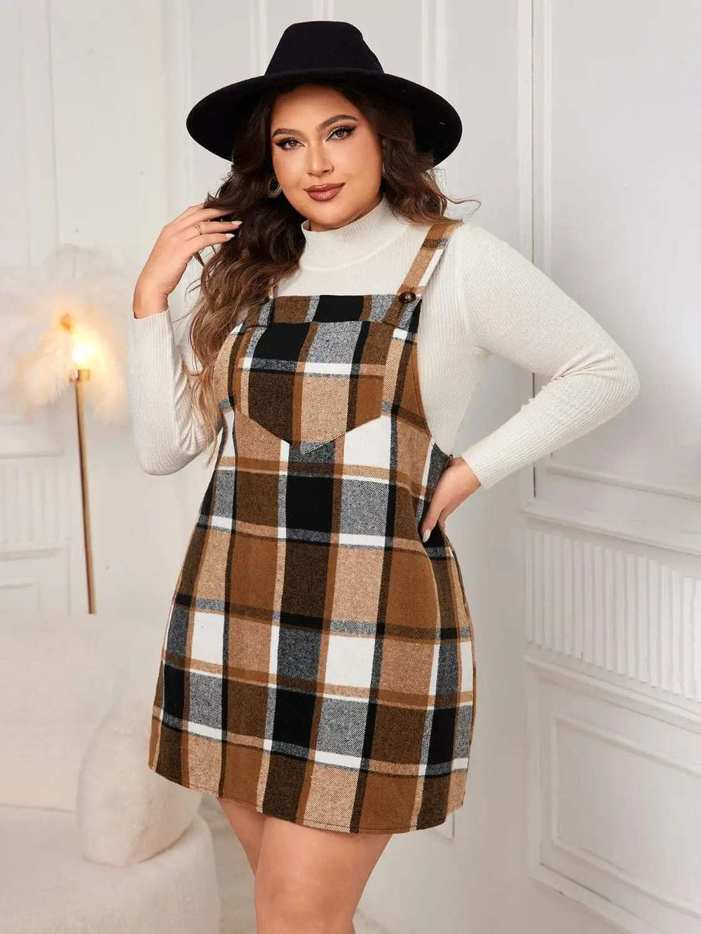 Plus Size Plaid Wide Strap Overall Dress - Trendsi - Flyclothing LLC