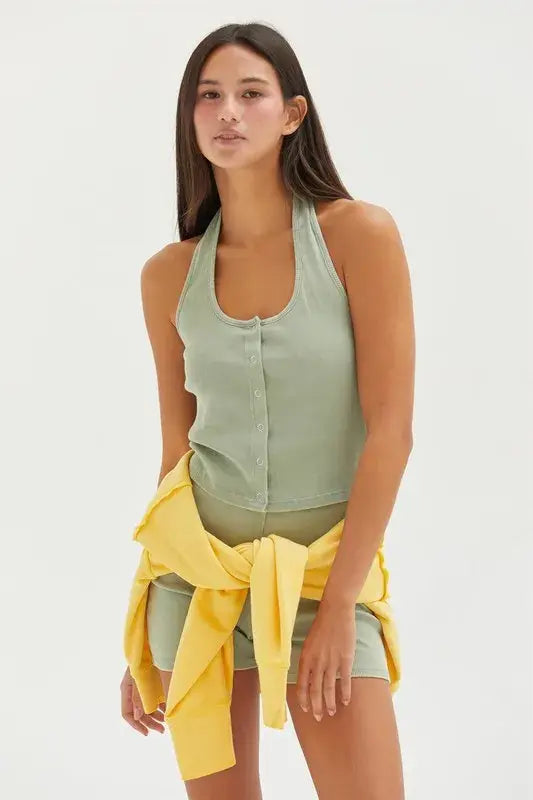 HYFVE Halter Neck Buttoned Washed Top - Trendsi - Flyclothing LLC