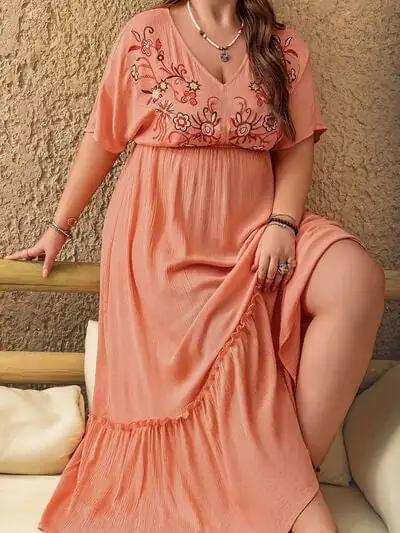 Plus Size Frill Embroidered V-Neck Half Sleeve Maxi Dress - Trendsi - Flyclothing LLC