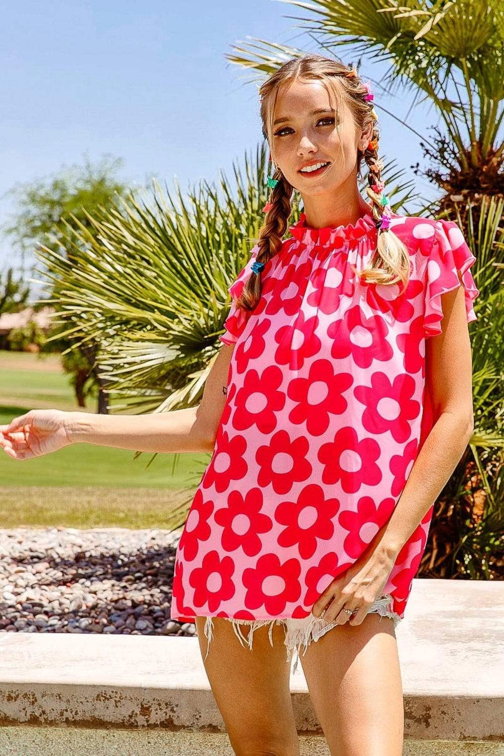 BiBi Floral Contrast Ruffled Top - Trendsi - Flyclothing LLC