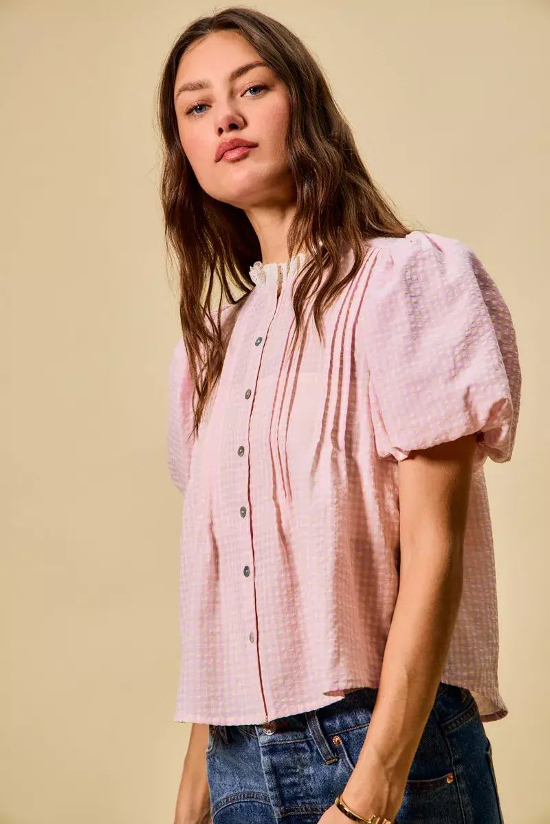 SO ME Gingham Lace Trim Button Bubble Sleeves Blouse - Trendsi - Flyclothing LLC