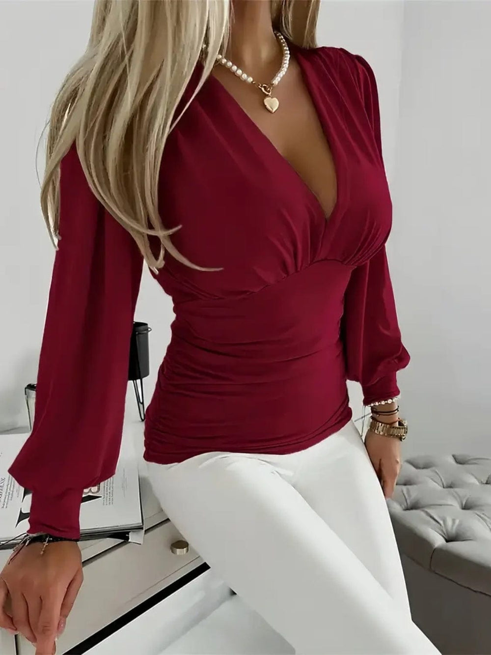 Ruched V-Neck Long Sleeve T-Shirt - Trendsi