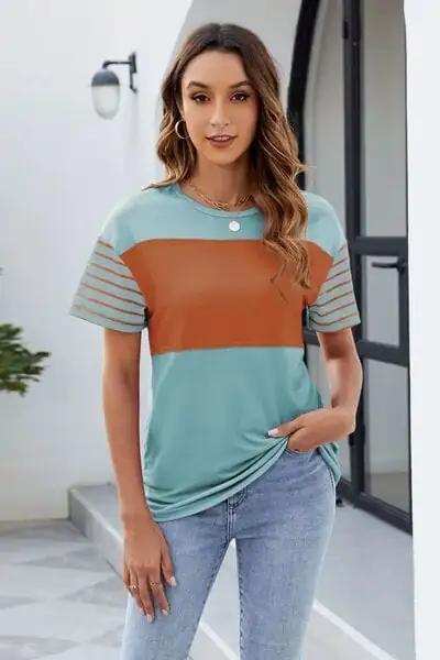 Color Block Round Neck Short Sleeve T-Shirt - Trendsi - Flyclothing LLC
