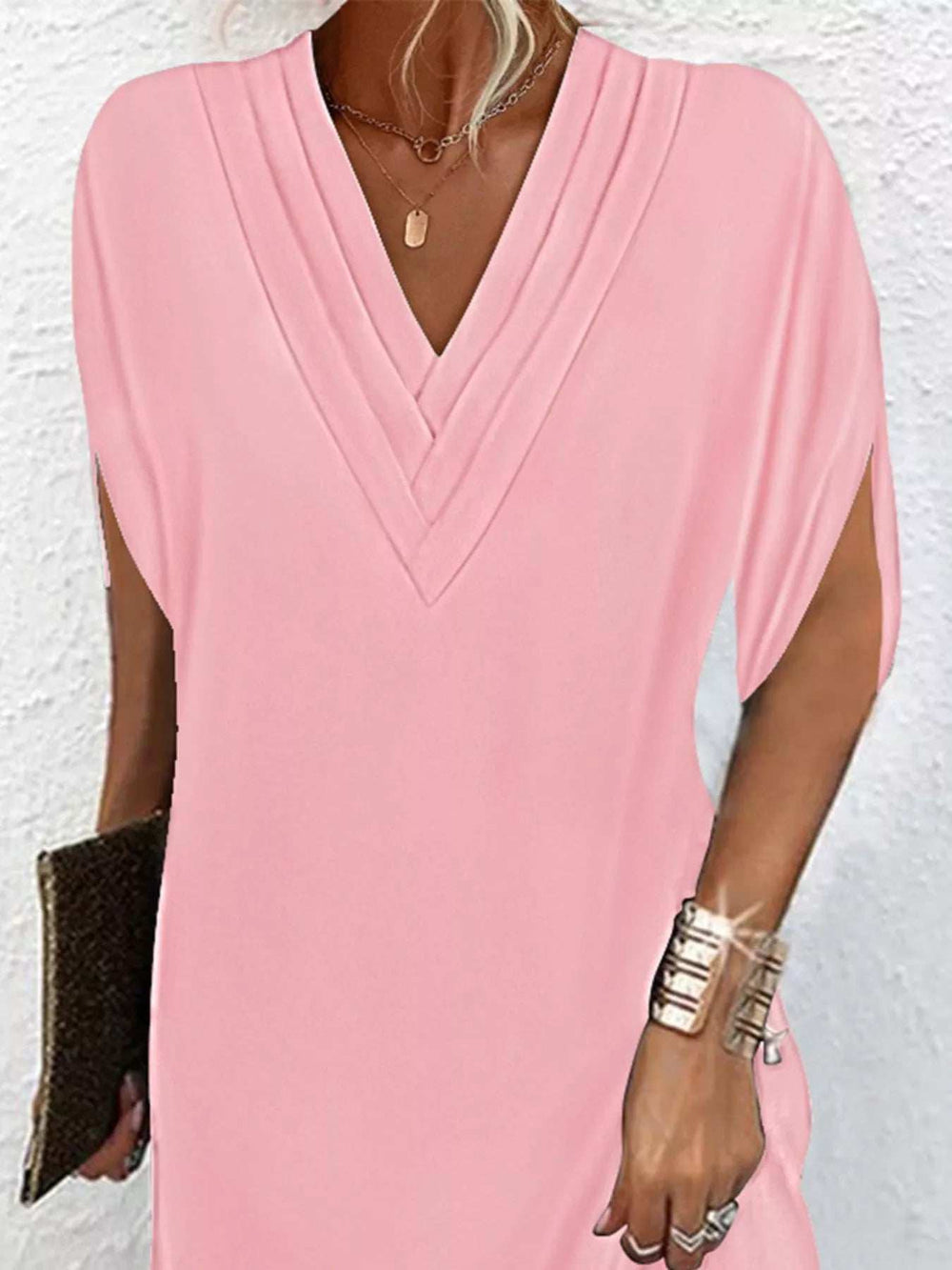 Full Size V-Neck Slit Sleeve Mini Dress Plus Size - Trendsi - Flyclothing LLC